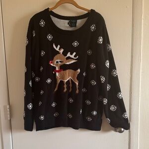 Rue21 Black Sweater with Reindeer and Snowflakes
